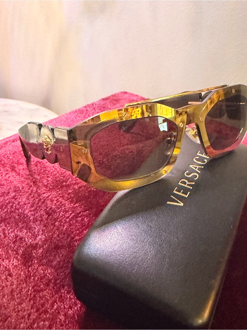 Versace Men’s Amber Tortoise Sunglasses with Gold Medusa Accent